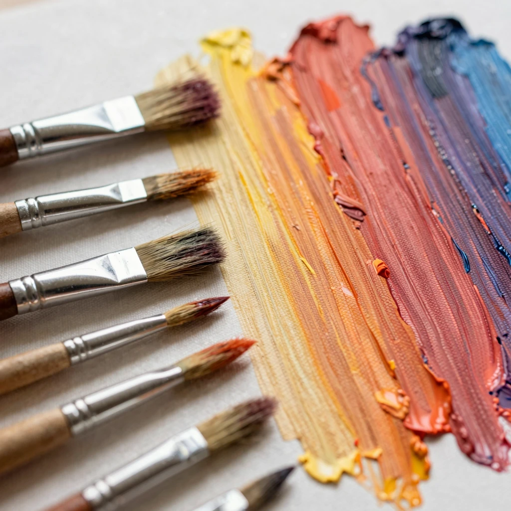 Painting consultation — brushes and vivid paint on canvas